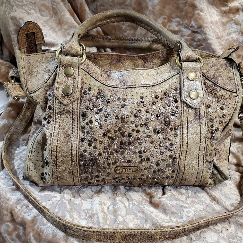 Frye Deborah Distressed Studded Leather Boho Satchel Hobo Bag